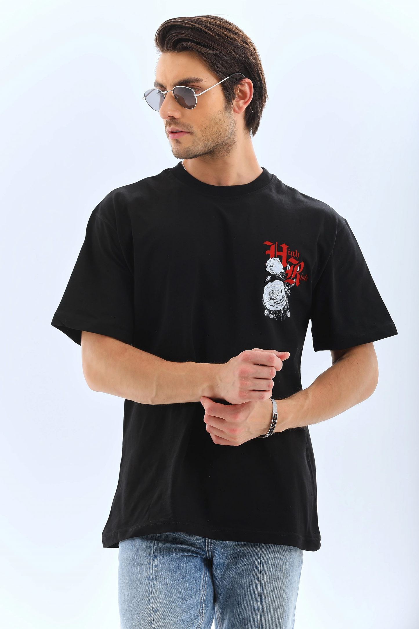 Oversize Baskılı Bisiklet Yaka T-Shirt - Siyah -