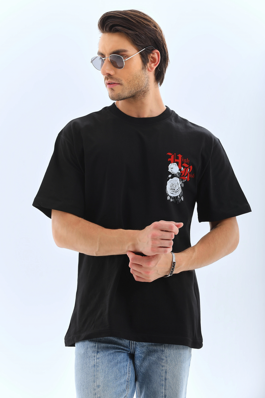 Oversize Baskılı Bisiklet Yaka T-Shirt - Siyah -