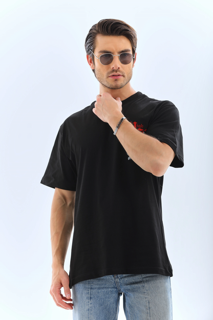 Oversize Baskılı Bisiklet Yaka T-Shirt - Siyah -