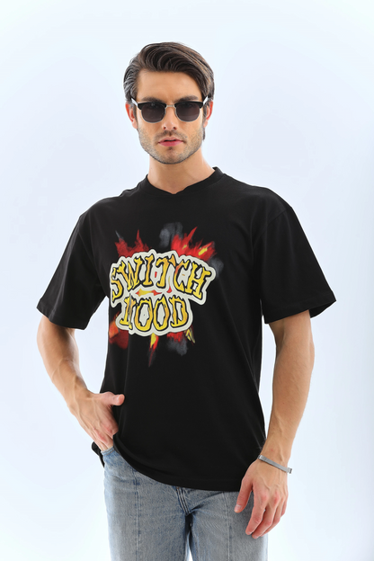 Oversize Baskılı Bisiklet Yaka T-Shirt - Siyah -