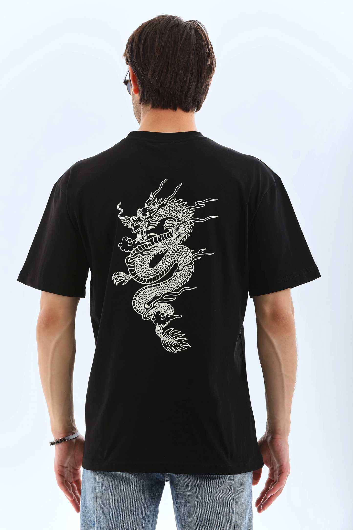 Oversize Baskılı Bisiklet Yaka T-Shirt - Siyah -