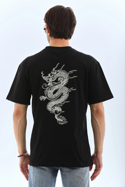 Oversize Baskılı Bisiklet Yaka T-Shirt - Siyah -