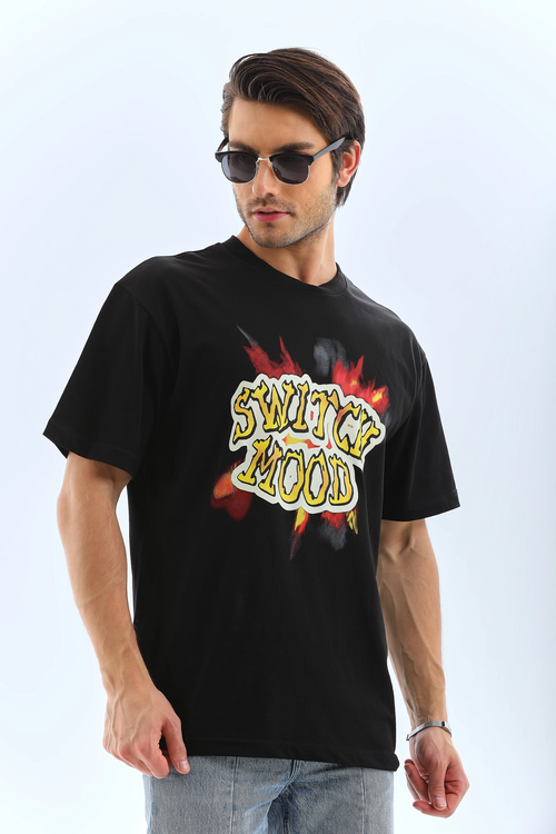 Oversize Baskılı Bisiklet Yaka T-Shirt - Siyah -