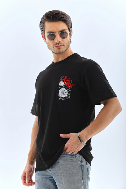 Oversize Baskılı Bisiklet Yaka T-Shirt - Siyah -