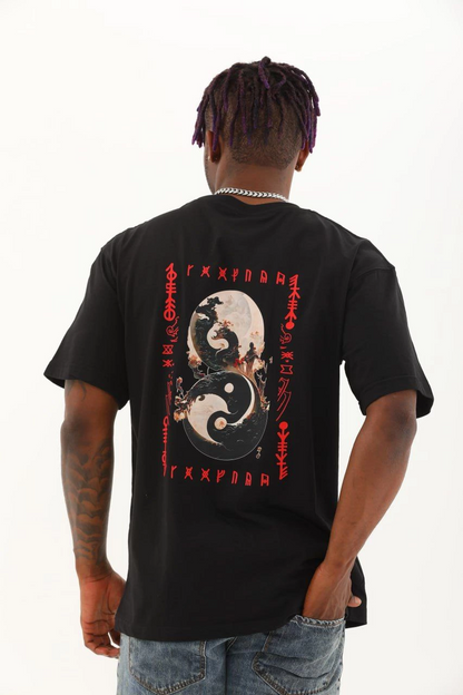 Oversize Baskılı Bisiklet Yaka T-Shirt - Siyah -