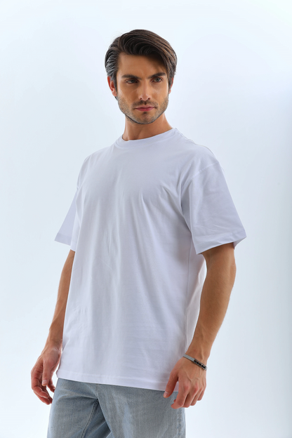 Oversize Düz Bisiklet Yaka T-Shirt - Beyaz