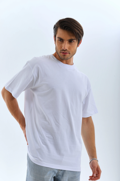 Oversize Düz Bisiklet Yaka T-Shirt - Beyaz