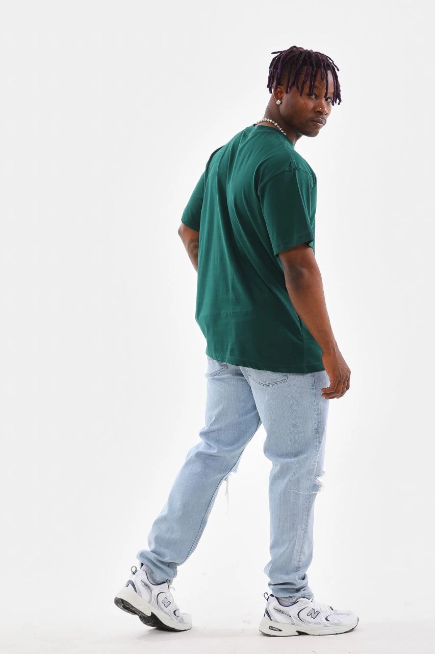 Oversize Düz Bisiklet Yaka T-Shirt - Koyu Yeşili