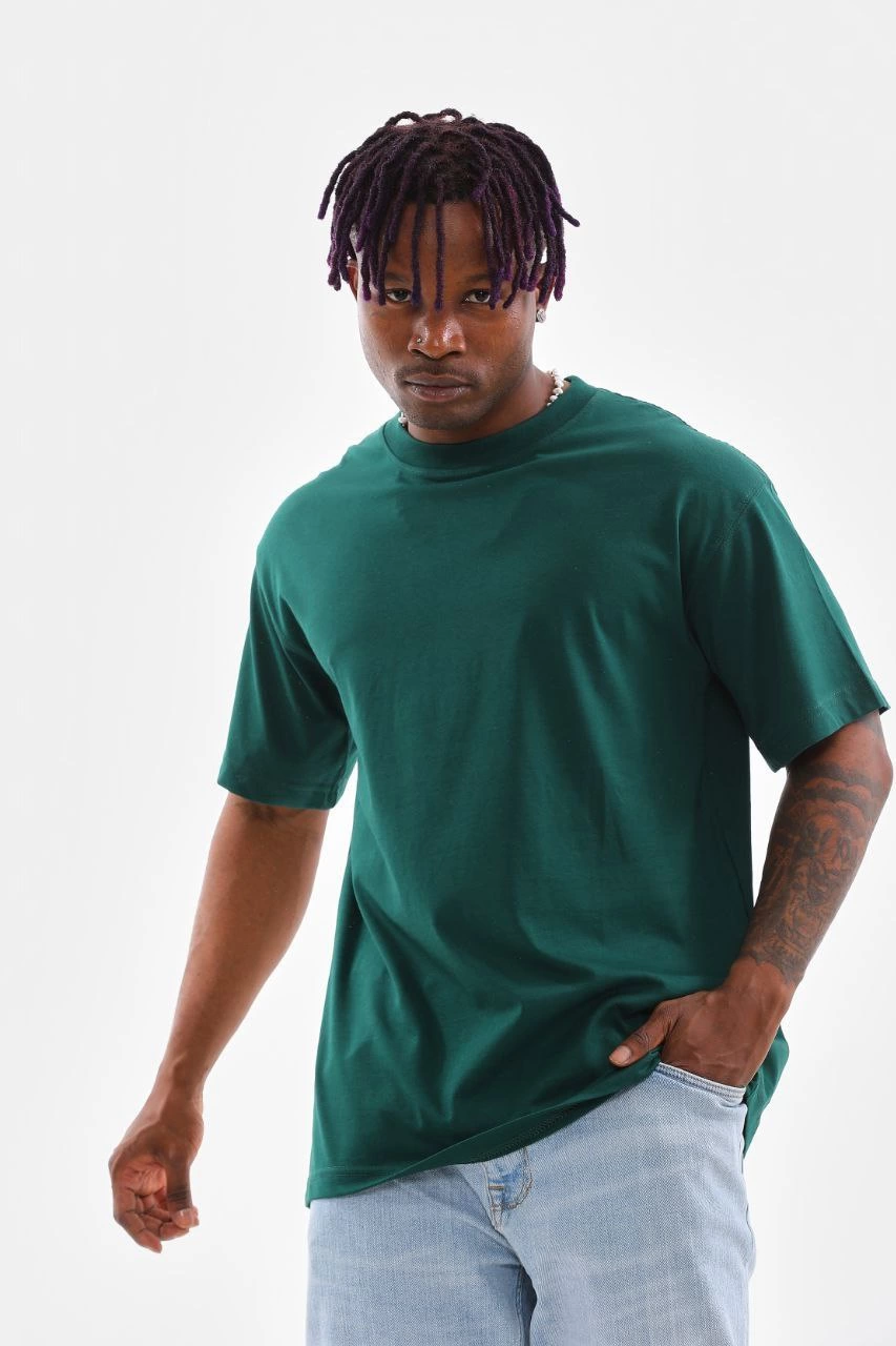 Oversize Düz Bisiklet Yaka T-Shirt - Koyu Yeşili