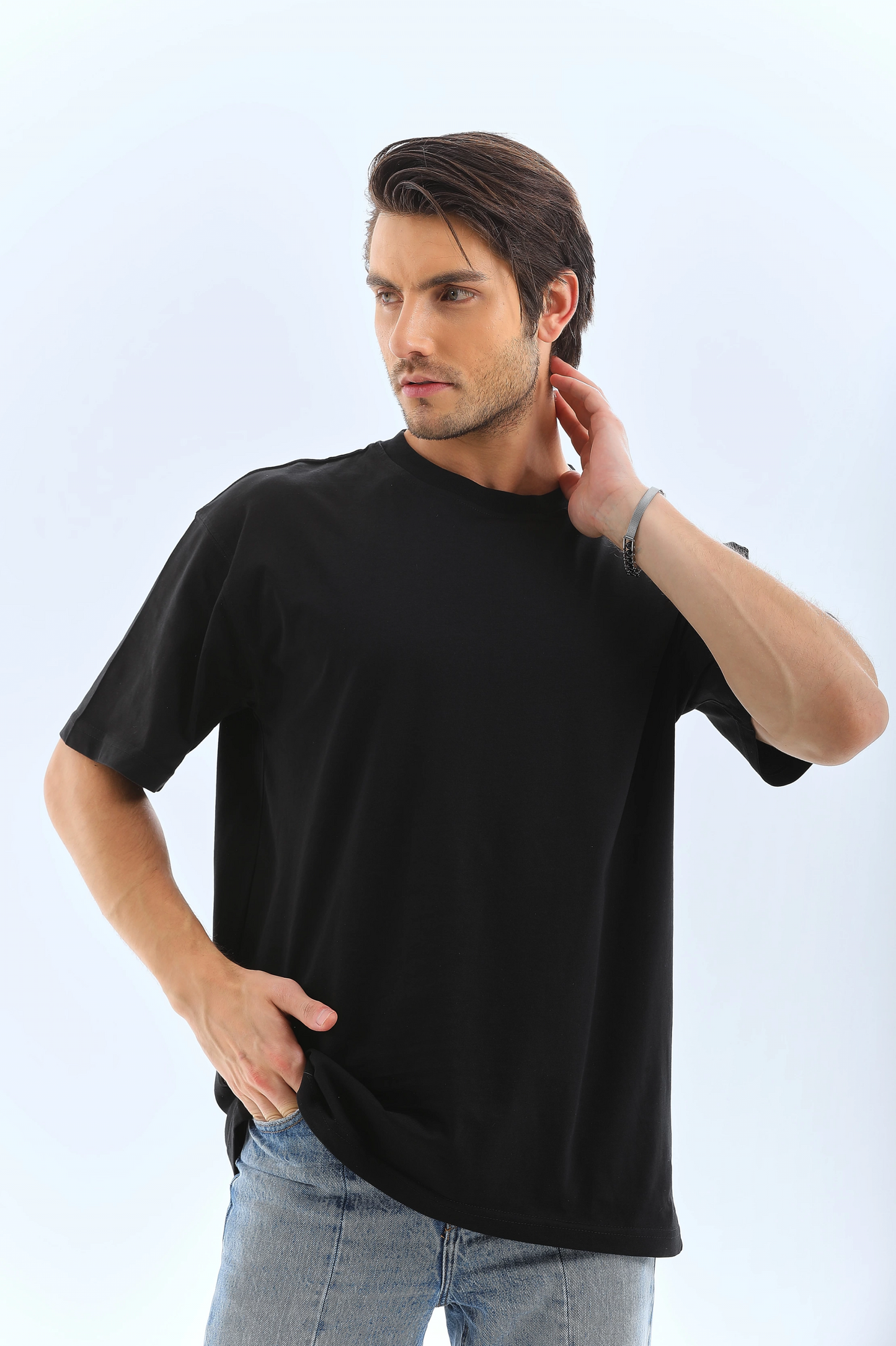 Oversize Düz Bisiklet Yaka T-Shirt - Siyah
