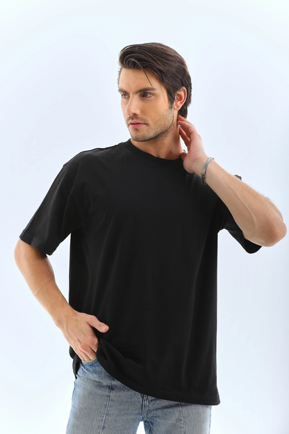 Oversize Düz Bisiklet Yaka T-Shirt - Siyah