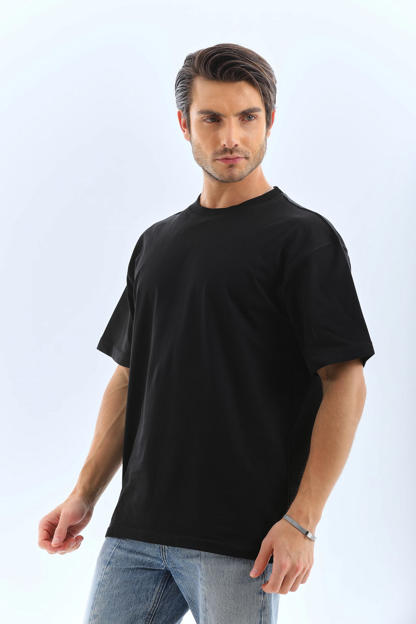 Oversize Düz Bisiklet Yaka T-Shirt - Siyah