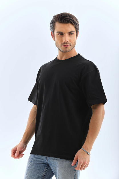 Oversize Düz Bisiklet Yaka T-Shirt - Siyah