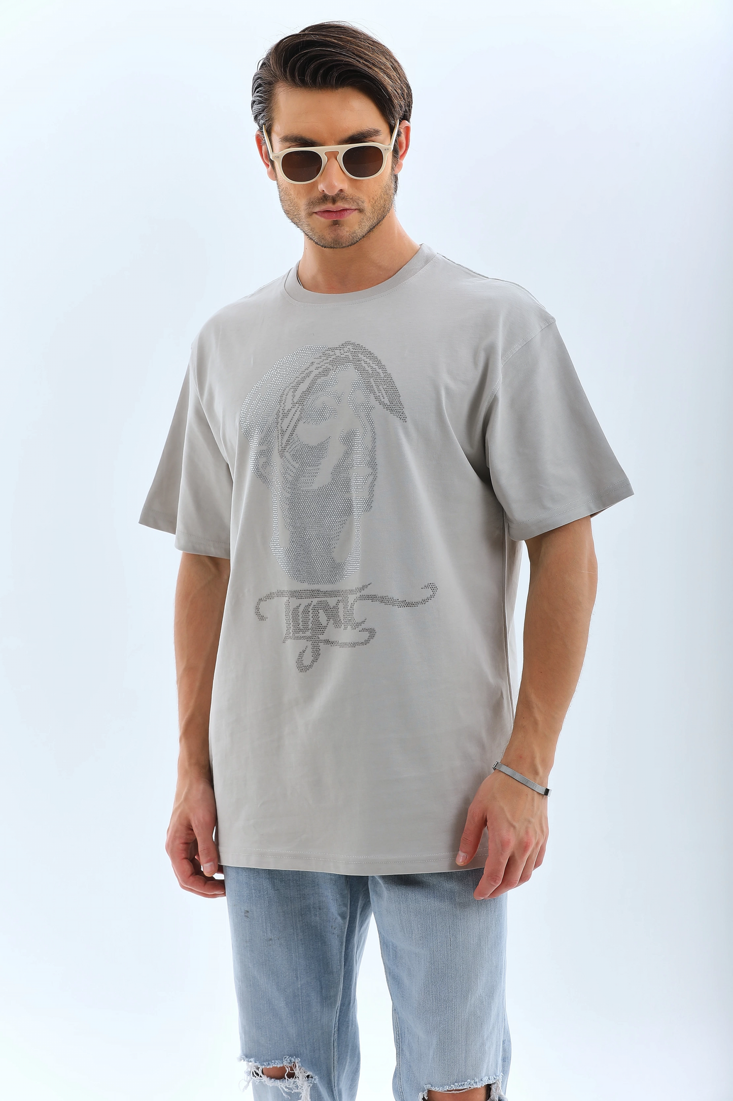 Oversize Taşlı Bisiklet Yaka T-Shirt - Gri -