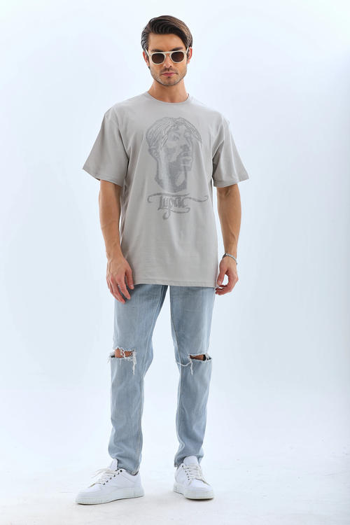 Oversize Taşlı Bisiklet Yaka T-Shirt - Gri -