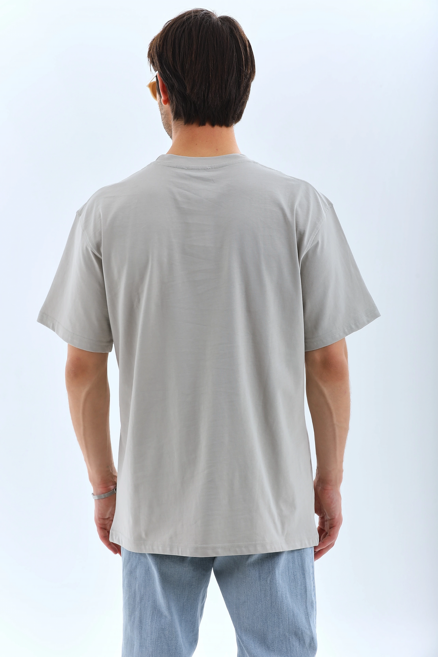 Oversize Taşlı Bisiklet Yaka T-Shirt - Gri -