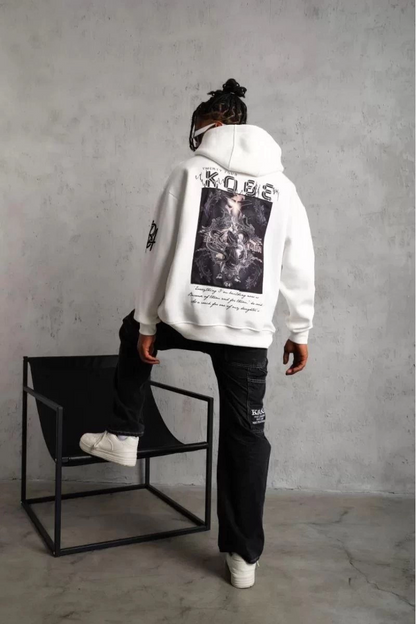 Sırt Baskılı Kapüşonlu Üç İplik Oversize Sweatshirt - Beyaz