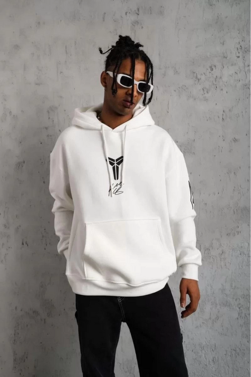 Sırt Baskılı Kapüşonlu Üç İplik Oversize Sweatshirt - Beyaz