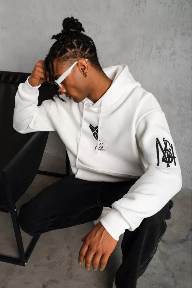 Sırt Baskılı Kapüşonlu Üç İplik Oversize Sweatshirt - Beyaz