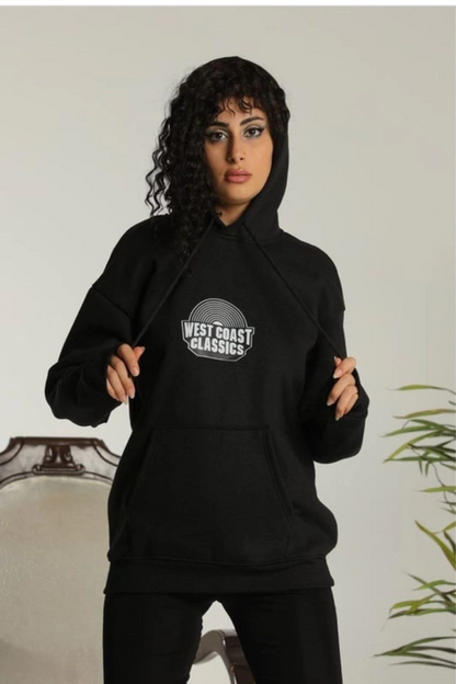 Sırt Baskılı Kapüşonlu Üç İplik Oversize Sweatshirt - Siyah -