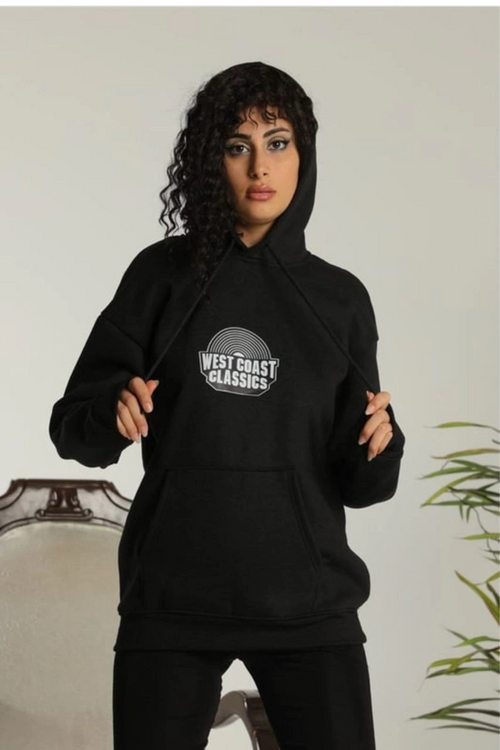 Sırt Baskılı Kapüşonlu Üç İplik Oversize Sweatshirt - Siyah -