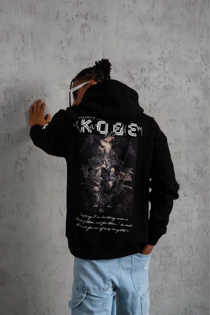 Sırt Baskılı Kapüşonlu Üç İplik Oversize Sweatshirt - Siyah