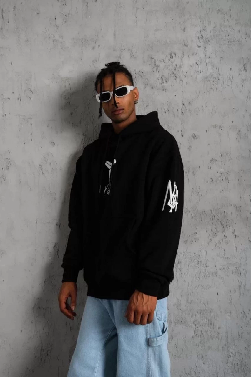 Sırt Baskılı Kapüşonlu Üç İplik Oversize Sweatshirt - Siyah