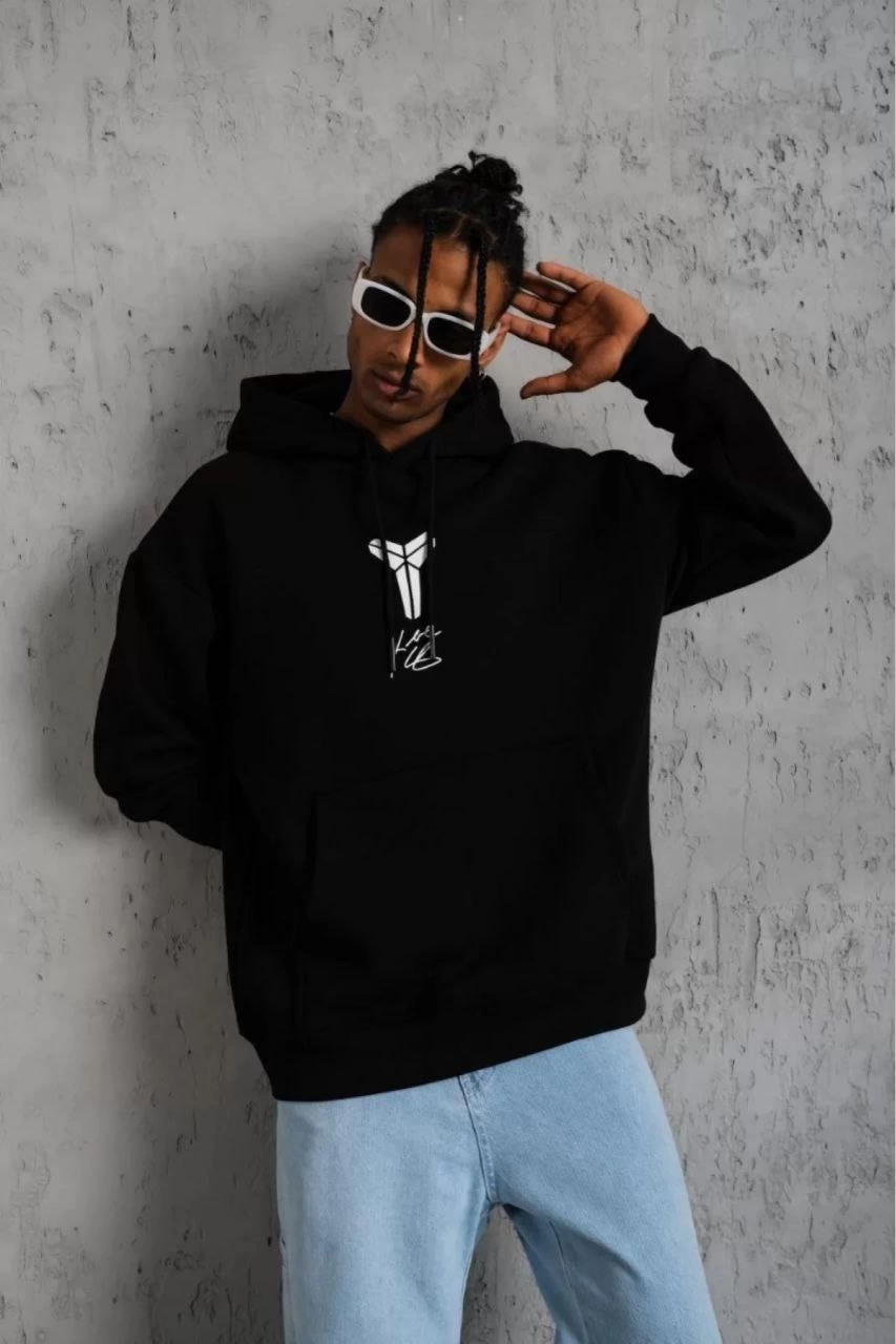 Sırt Baskılı Kapüşonlu Üç İplik Oversize Sweatshirt - Siyah
