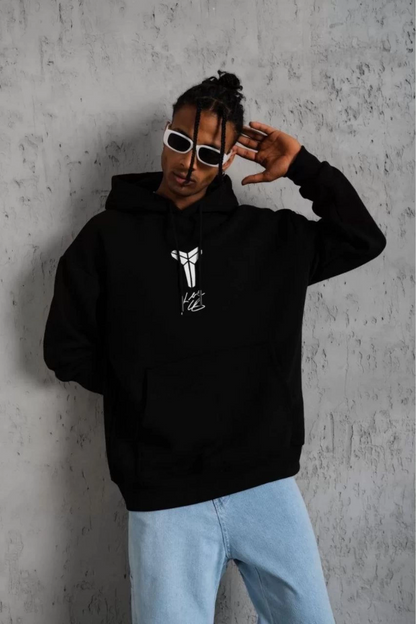 Sırt Baskılı Kapüşonlu Üç İplik Oversize Sweatshirt - Siyah