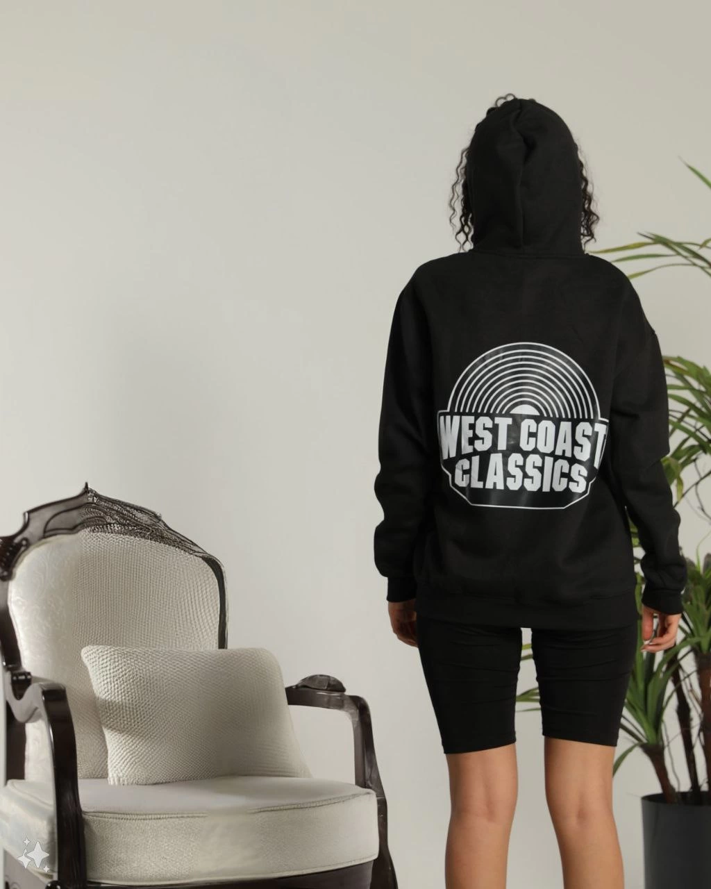 Sırt Baskılı Kapüşonlu Üç İplik Oversize Sweatshirt - Siyah -