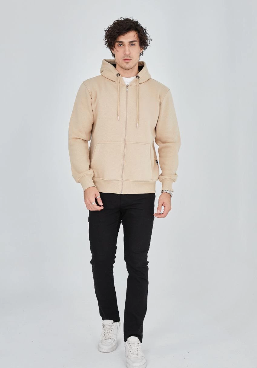 Tam Fermuarlı Kapşonlu  SweatShirt - Bej -