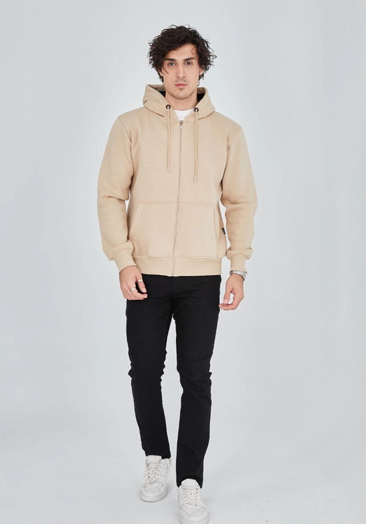 Tam Fermuarlı Kapşonlu  SweatShirt - Bej -