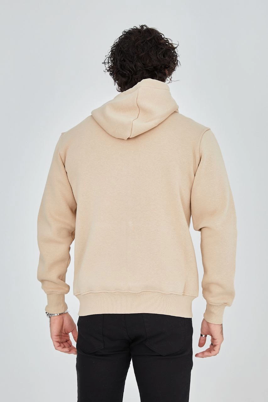 Tam Fermuarlı Kapşonlu  SweatShirt - Bej -