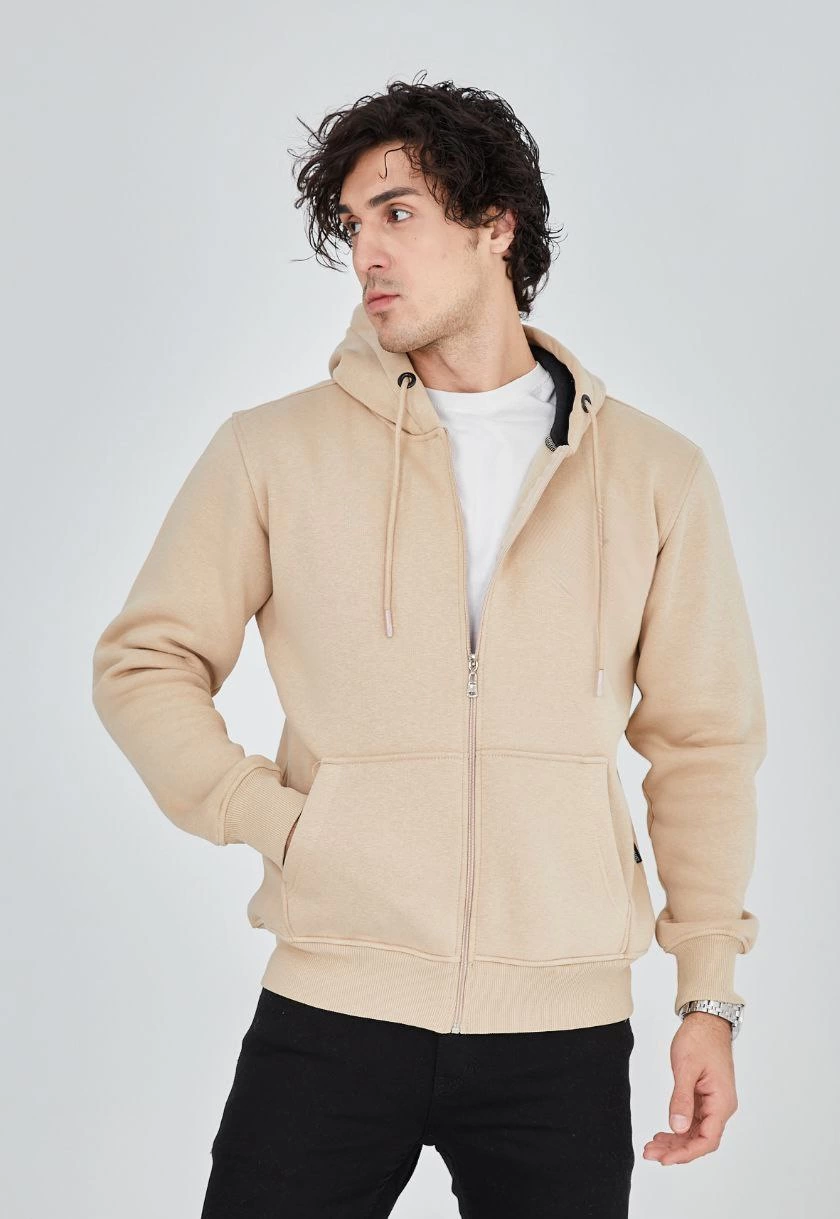 Tam Fermuarlı Kapşonlu  SweatShirt - Bej -