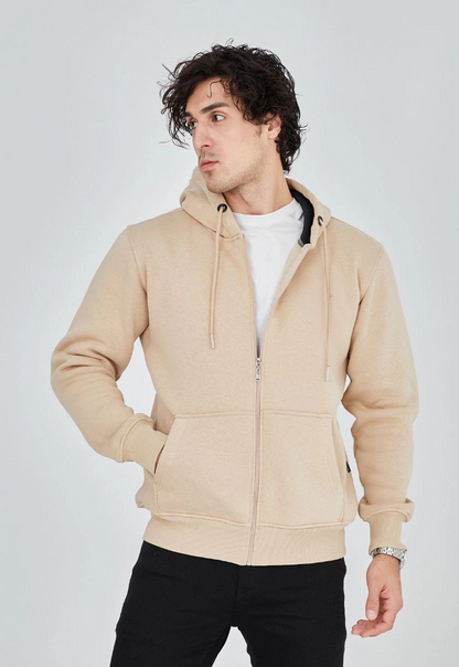 Tam Fermuarlı Kapşonlu  SweatShirt - Bej -
