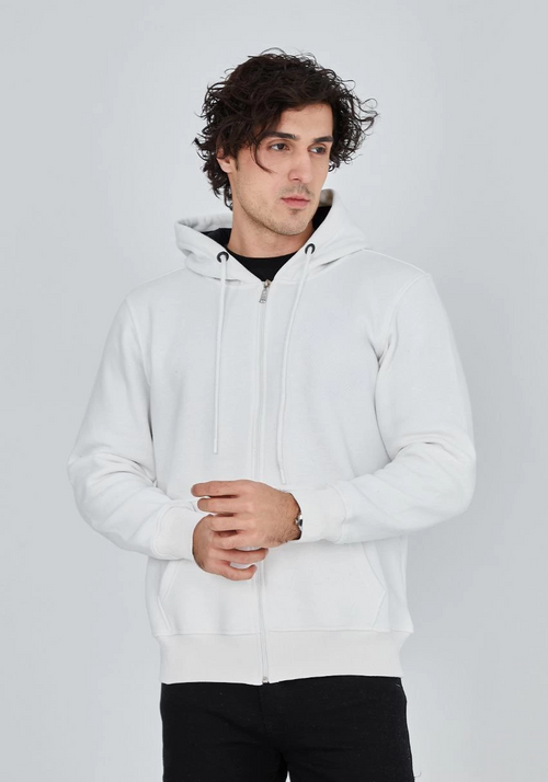 Tam Fermuarlı Kapşonlu  SweatShirt - Beyaz -