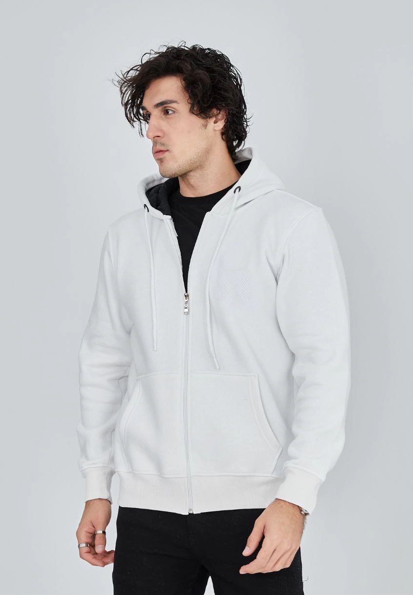 Tam Fermuarlı Kapşonlu  SweatShirt - Beyaz -