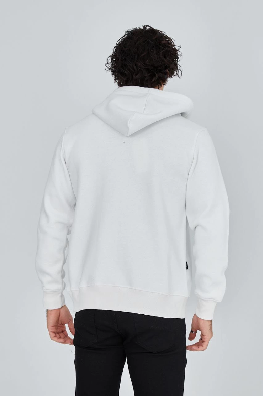 Tam Fermuarlı Kapşonlu  SweatShirt - Beyaz -