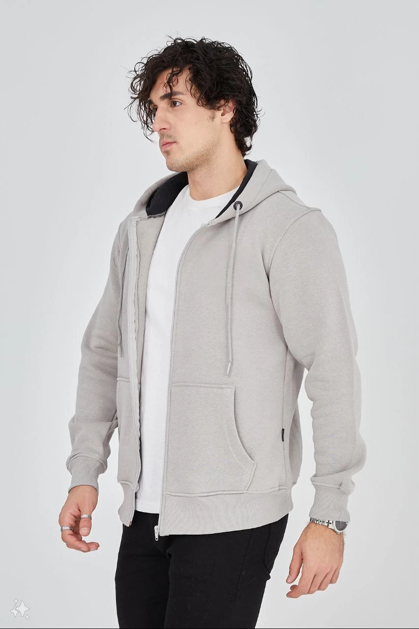 Tam Fermuarlı Kapşonlu  SweatShirt - Boyalı Gri
