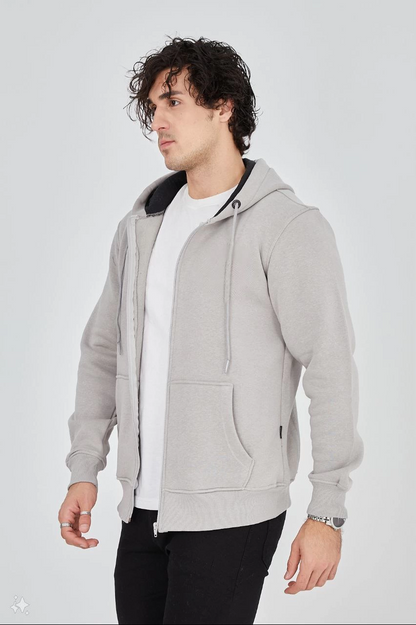Tam Fermuarlı Kapşonlu  SweatShirt - Boyalı Gri