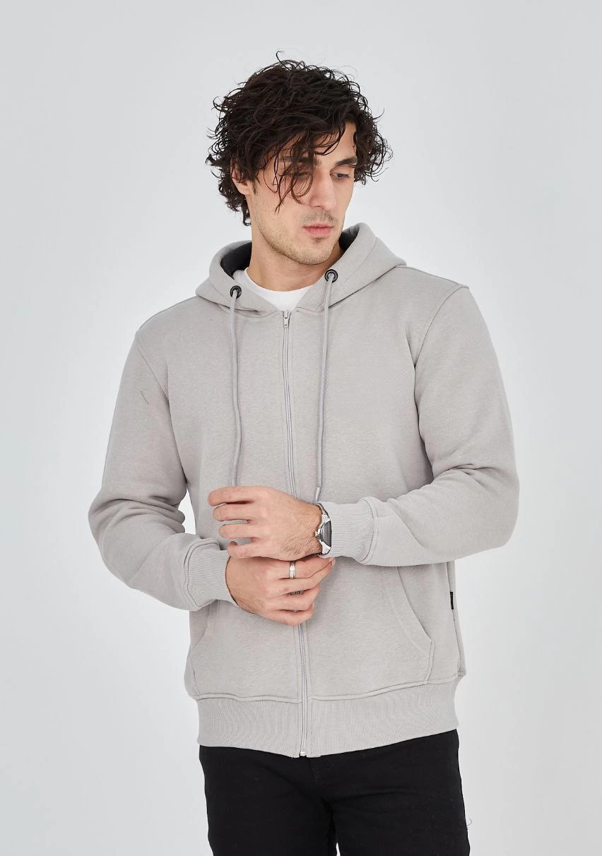 Tam Fermuarlı Kapşonlu  SweatShirt - Boyalı Gri