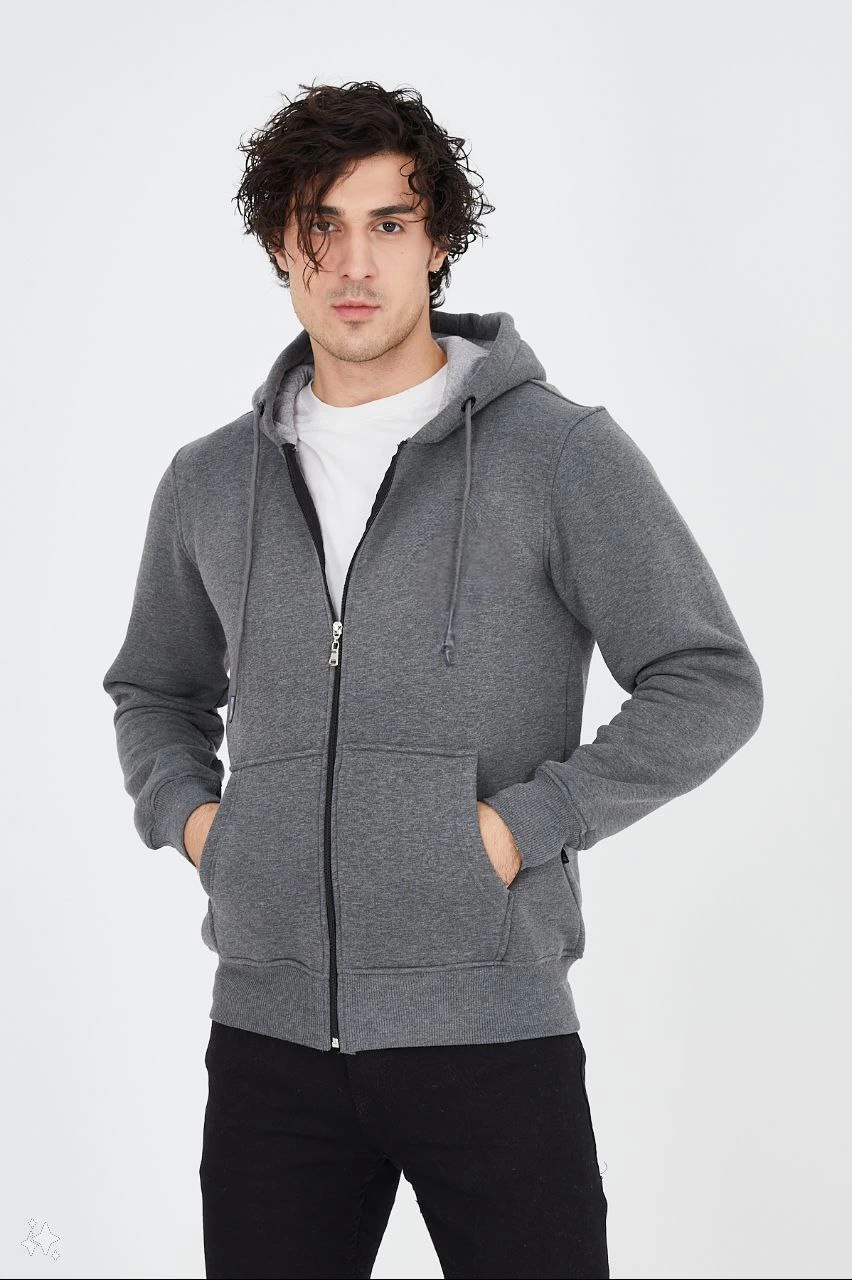 Tam Fermuarlı Kapşonlu  SweatShirt - Füme -