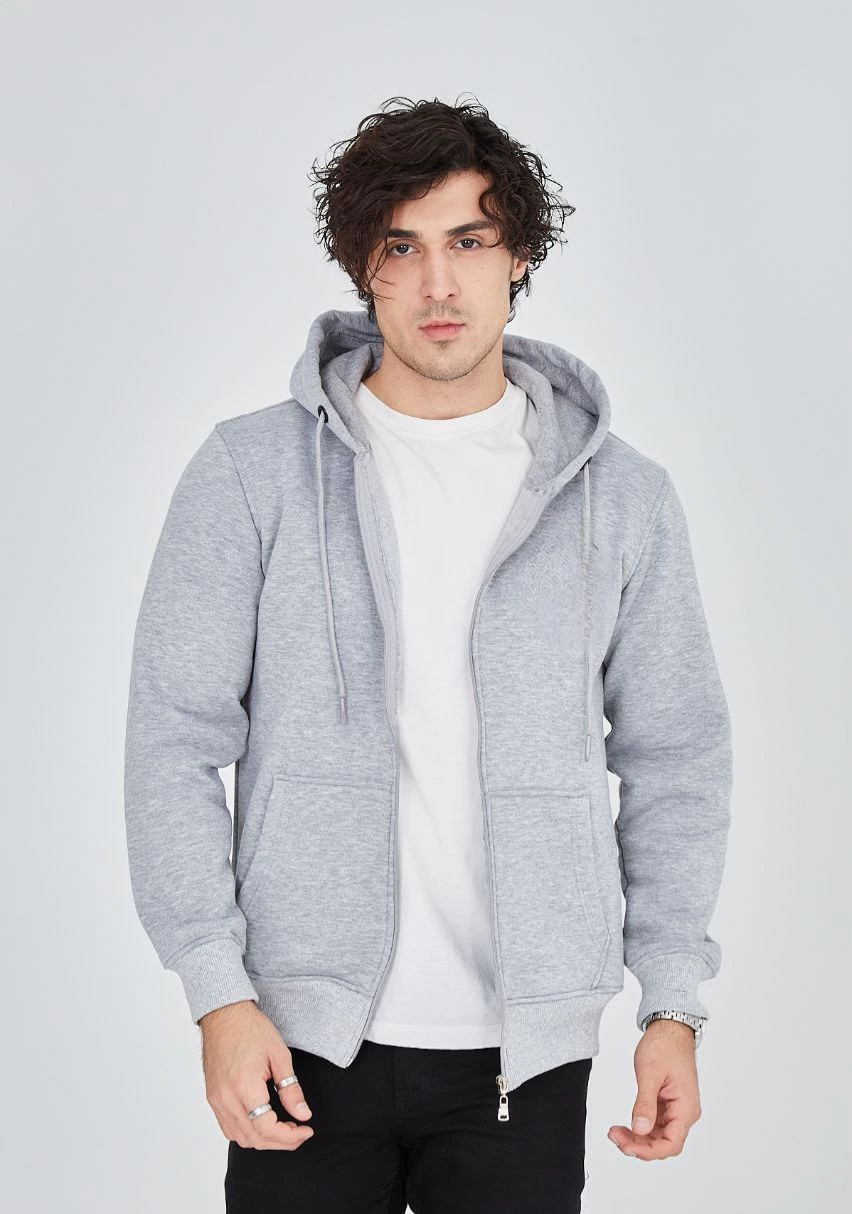 Tam Fermuarlı Kapşonlu  SweatShirt - Gri