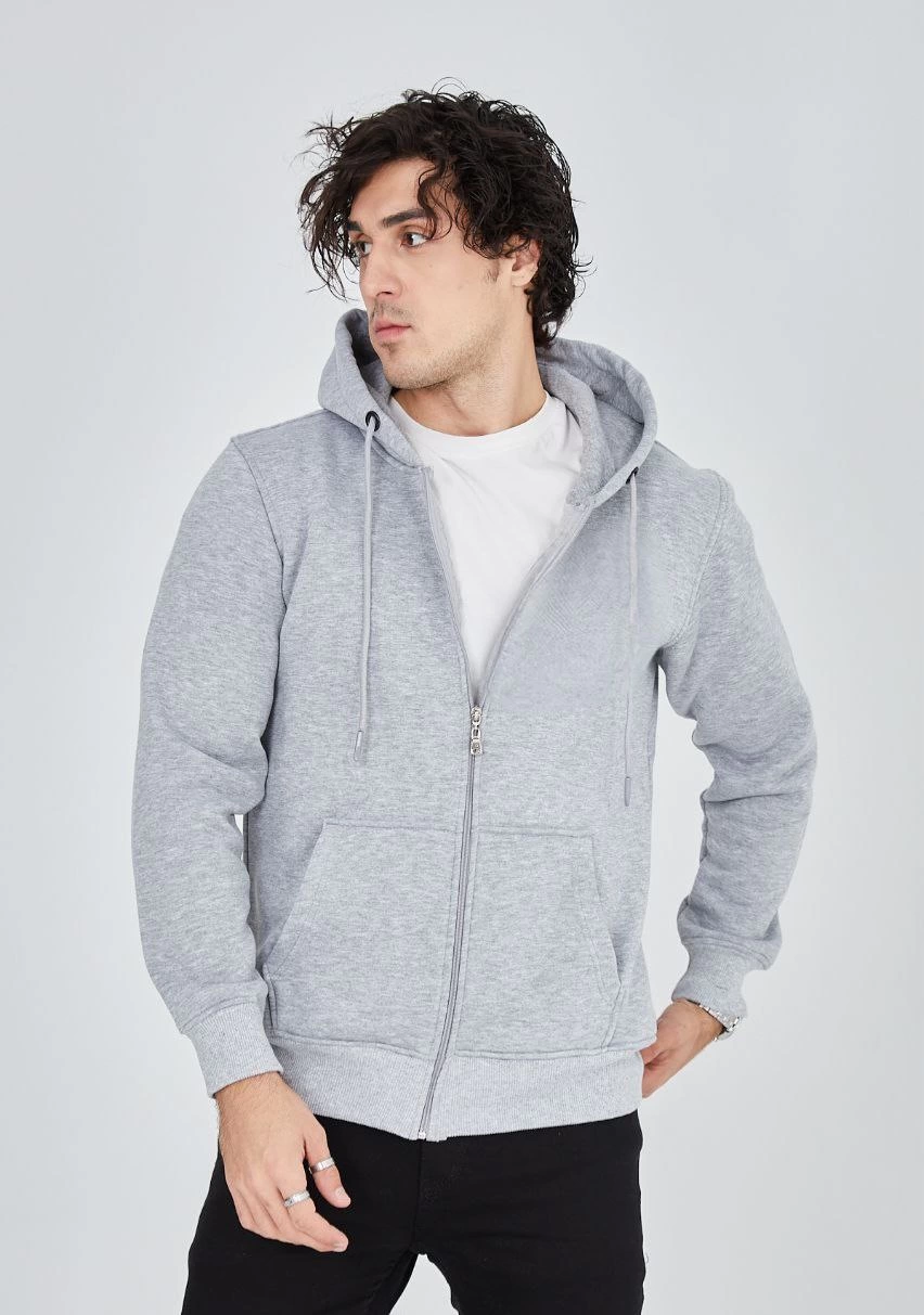 Tam Fermuarlı Kapşonlu  SweatShirt - Gri