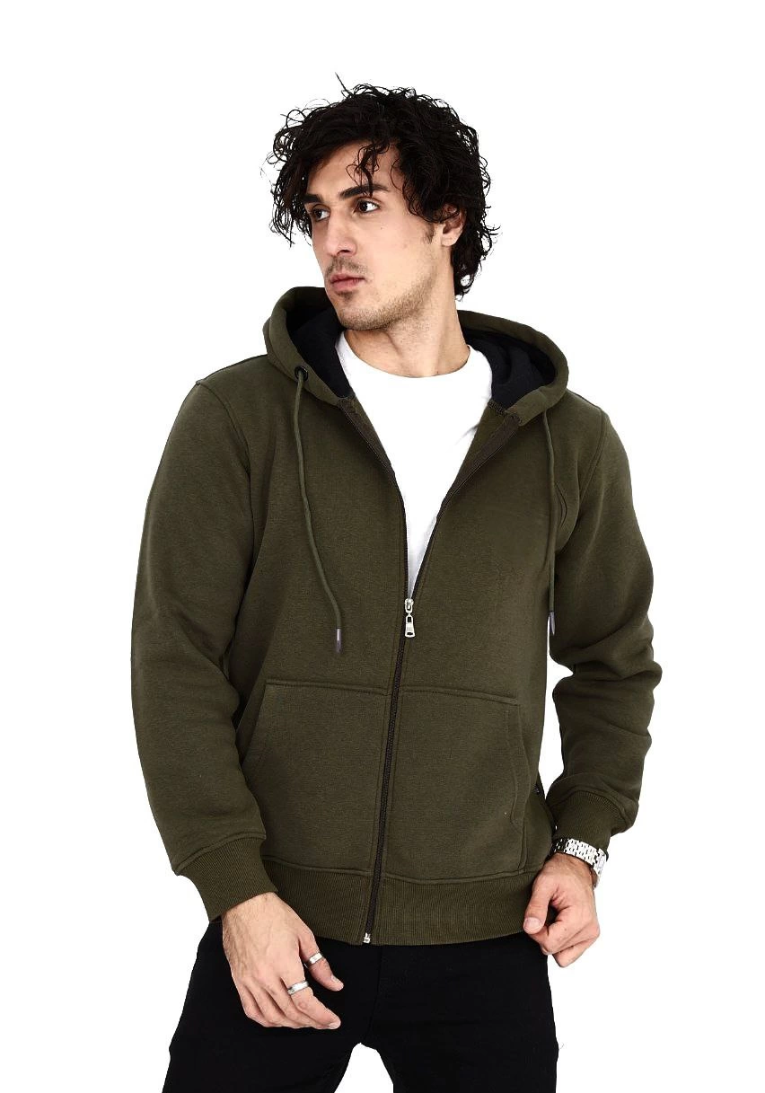Tam Fermuarlı Kapşonlu  SweatShirt - Haki -