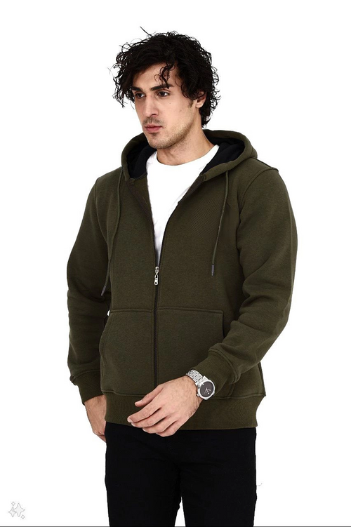 Tam Fermuarlı Kapşonlu  SweatShirt - Haki -