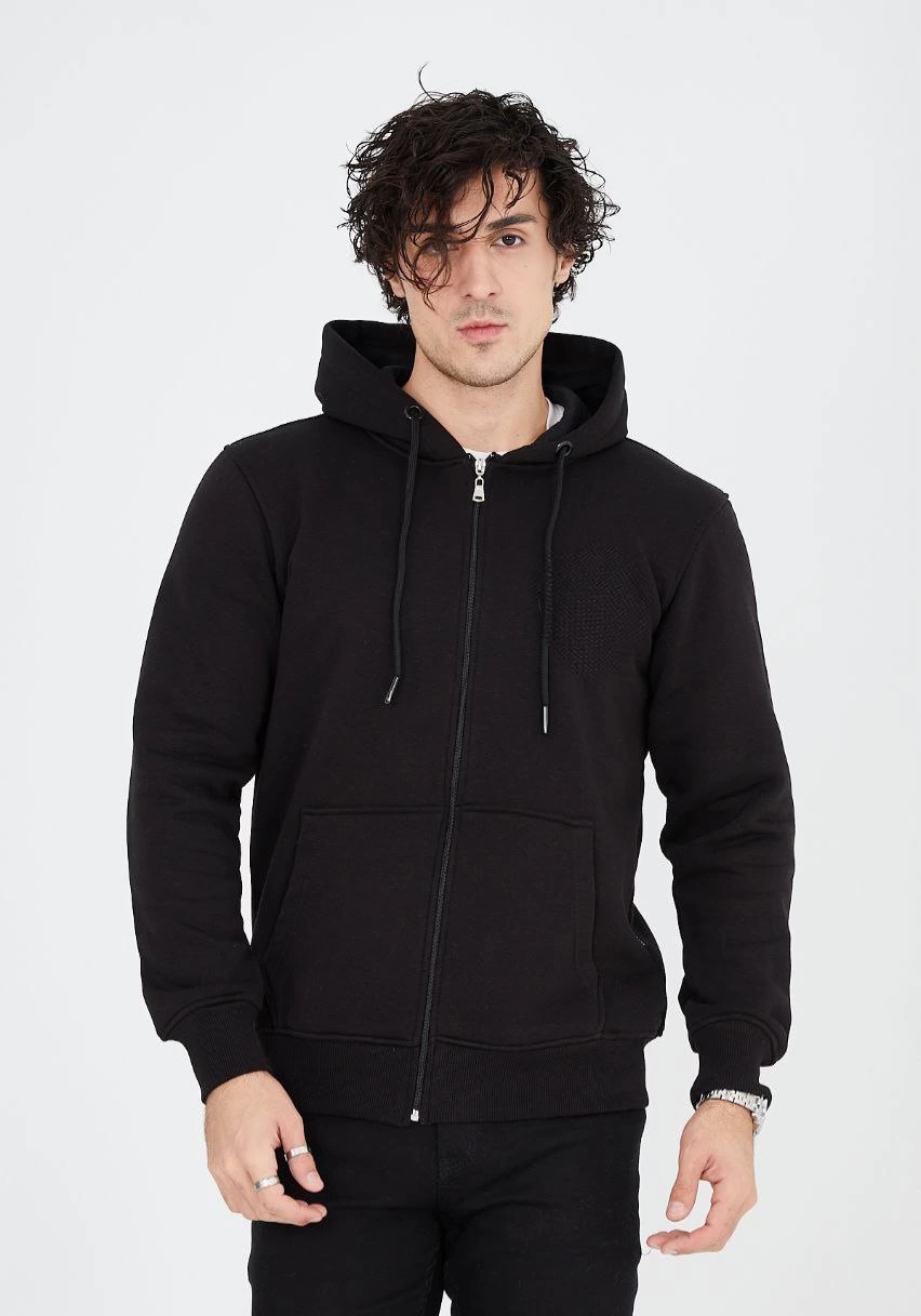 Tam Fermuarlı Kapşonlu  SweatShirt - Siyah -