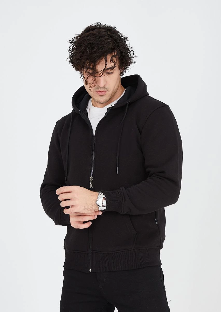 Tam Fermuarlı Kapşonlu  SweatShirt - Siyah -