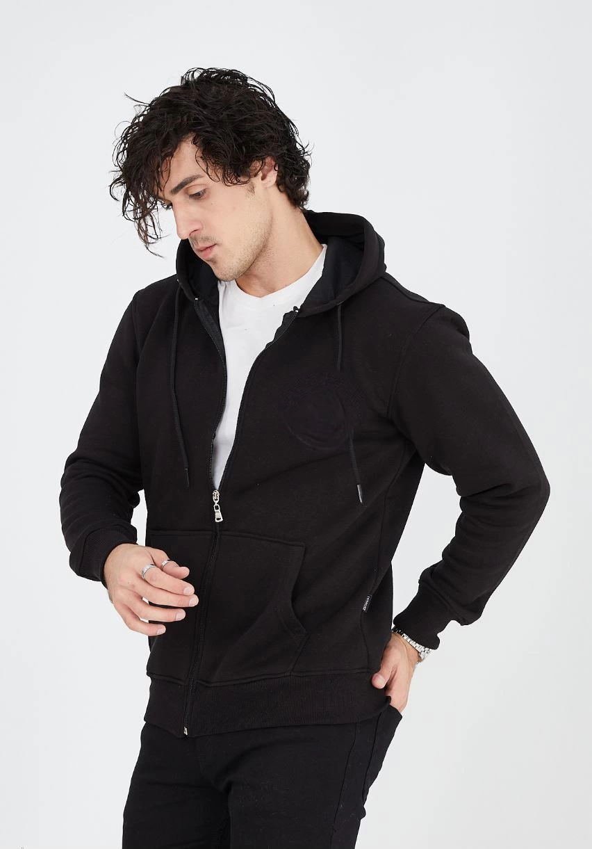 Tam Fermuarlı Kapşonlu  SweatShirt - Siyah -