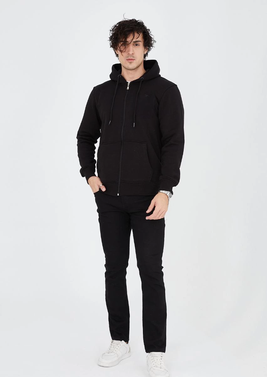Tam Fermuarlı Kapşonlu  SweatShirt - Siyah -